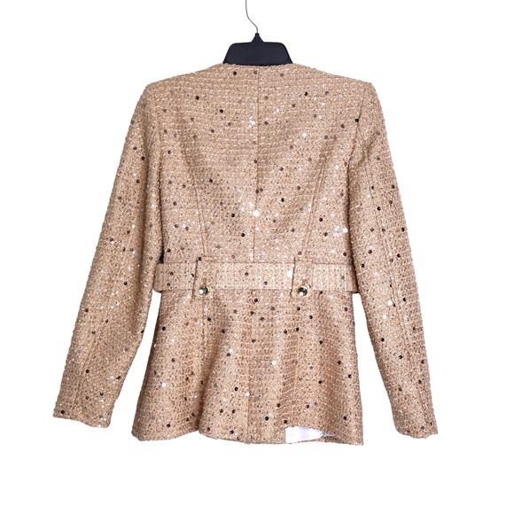 ZARA NWT Sequin Belt Blazer Camel Tweed Round Neck Long Sleeve Women's XS - Picture 3 of 13